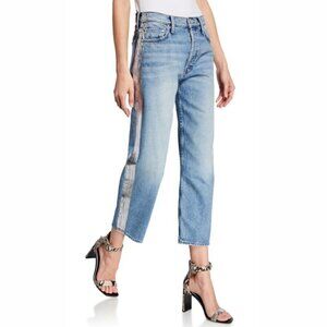 Mother The Thrasher Metallic Stripe Wicked Crop Jeans Blue Denim Whiskered
